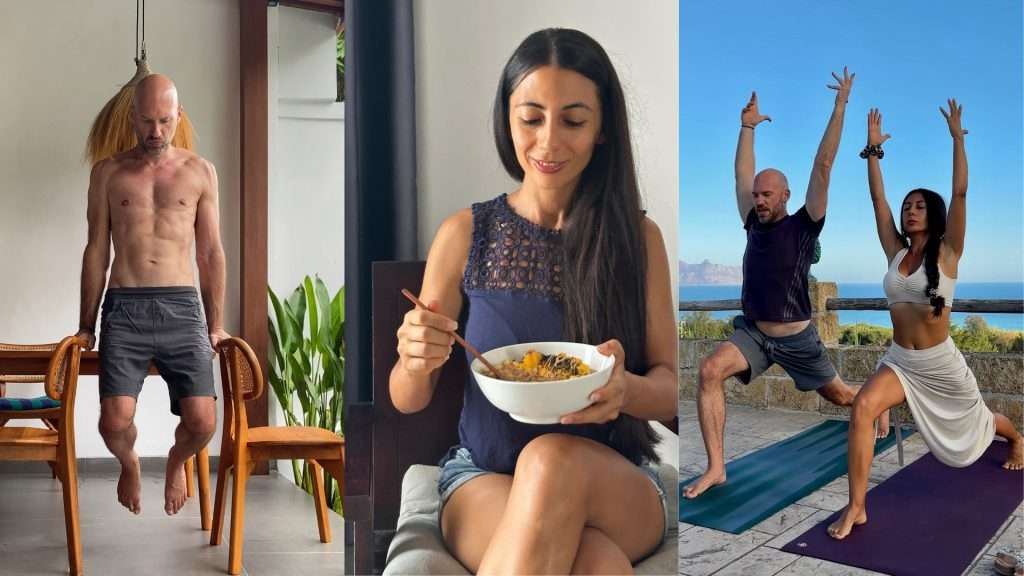 Markus doing dips on chairs to get fit without gym, Ketty mindfully eating breakfast smoothie bowl, Ketty and Markus doing somatic movement with sea view, all part of their holistic fitness coaching