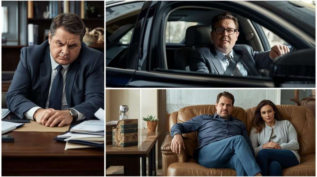 Middle aged manager sitting slouched at his desk, unhappy in his car, and on their couch with his wife