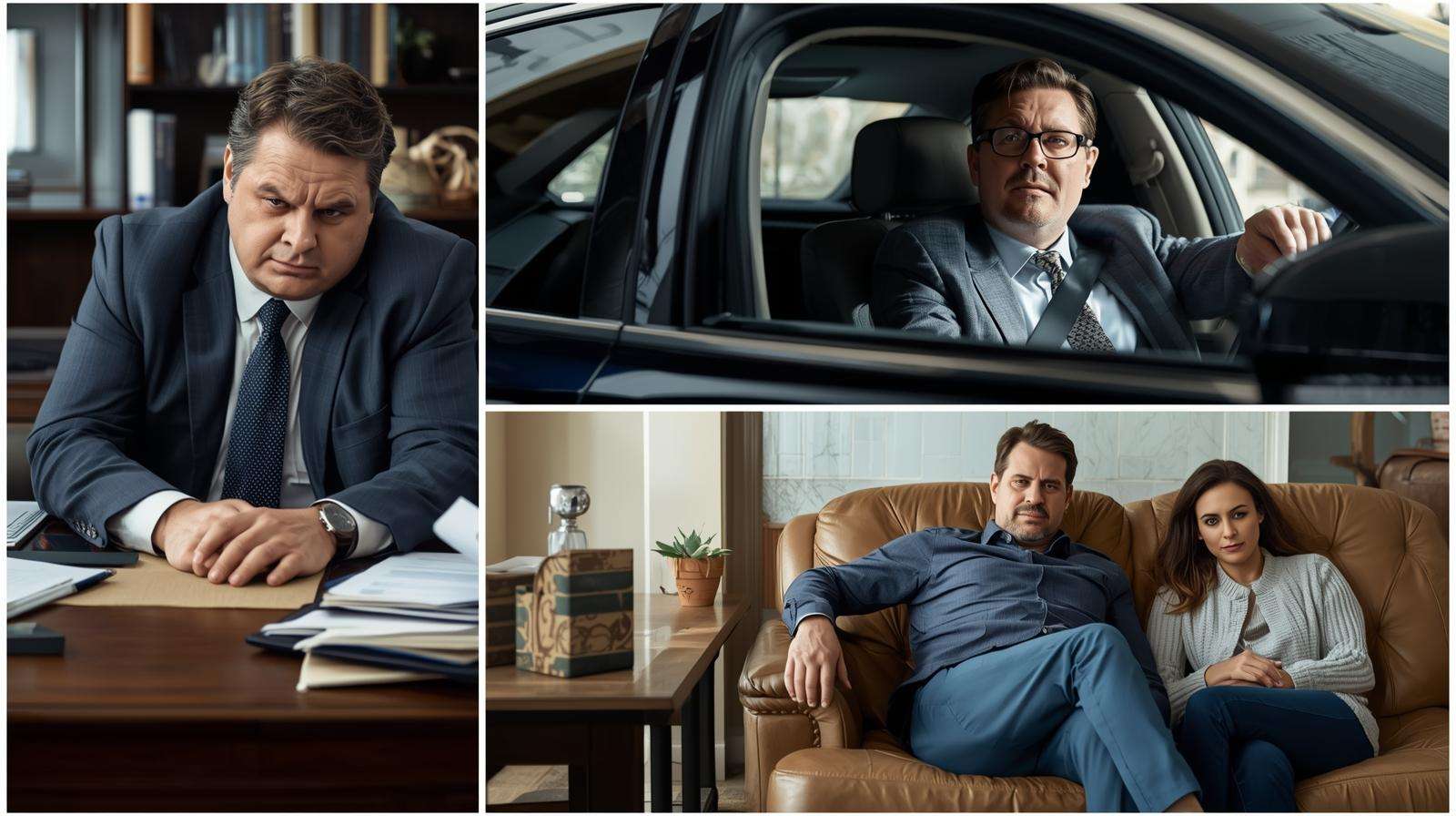 Middle aged manager sitting slouched at his desk, unhappy in his car, and on their couch with his wife