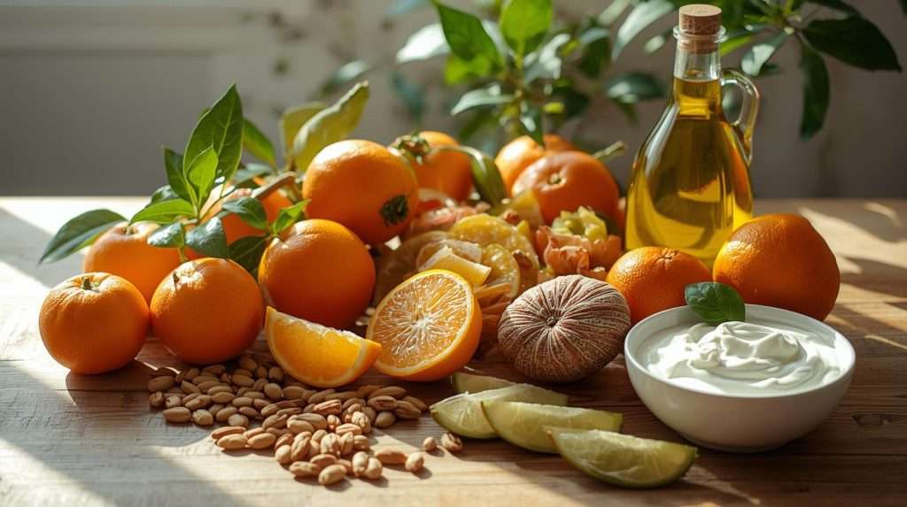 A warm, sunlit scene of fresh whole foods